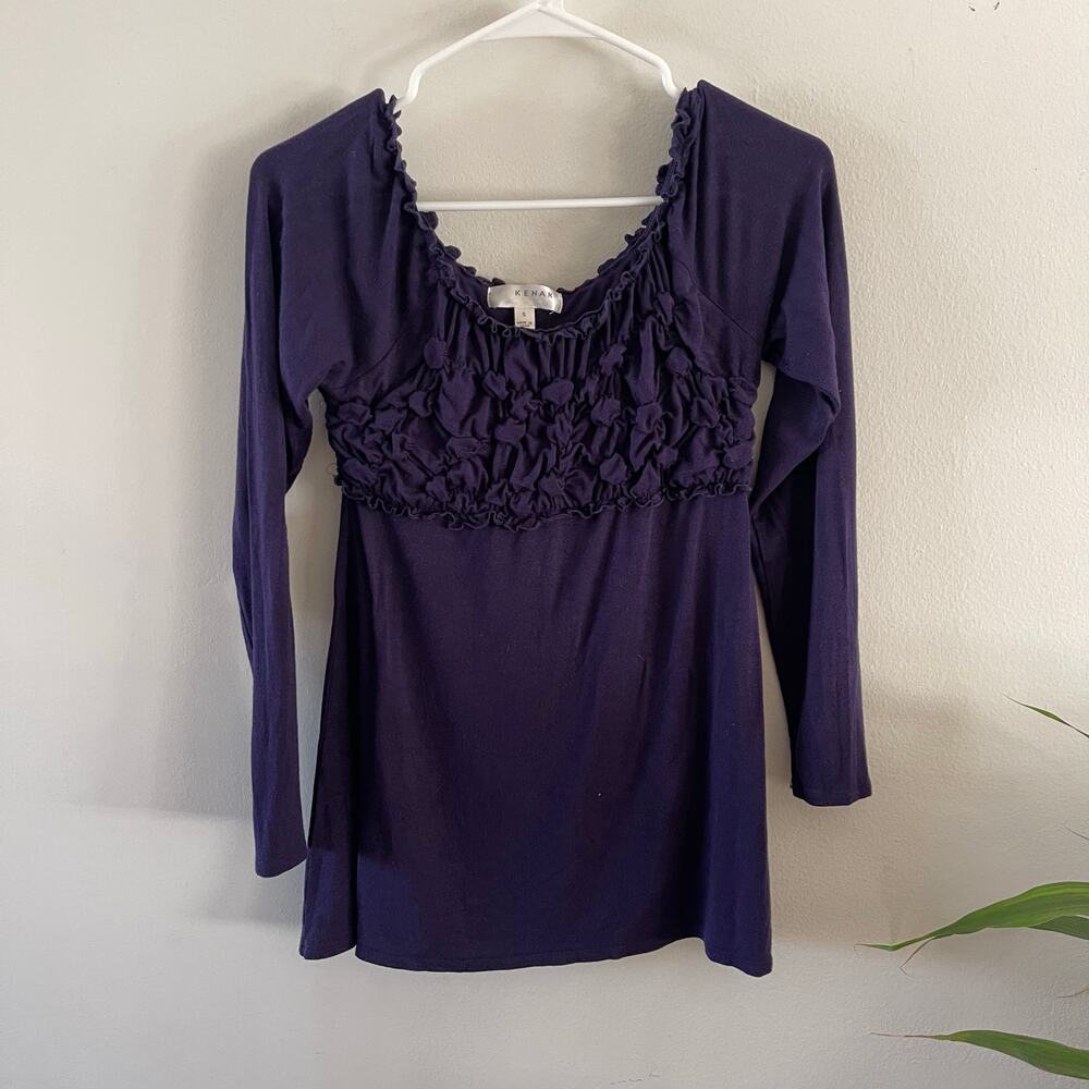 Vintage Y2K Kenar Babydoll Top Small Purple Ruched Scoop Neck Long Sleeve